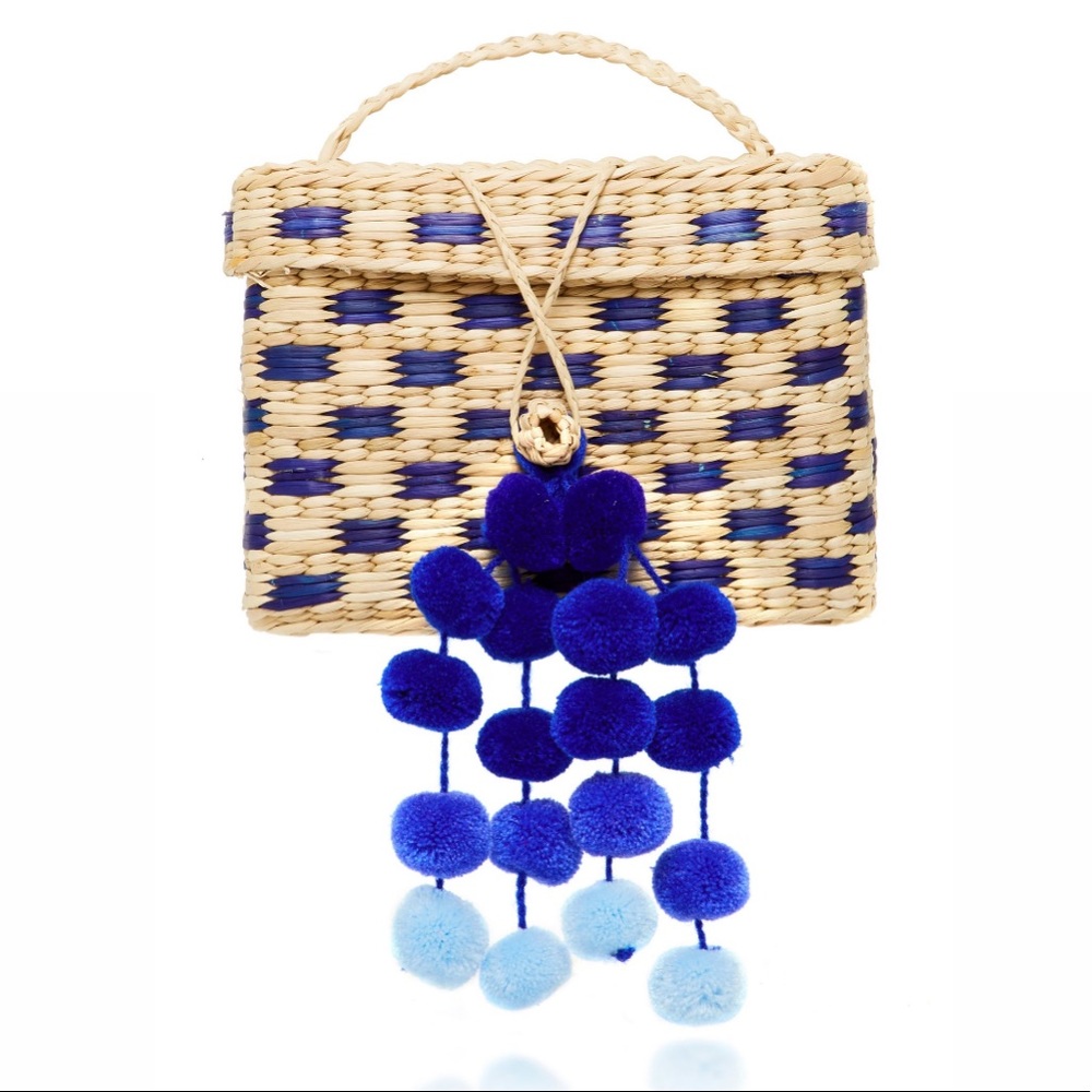 Nannacay Baby Roge Blue Pom Pom Woven Raffia Tote